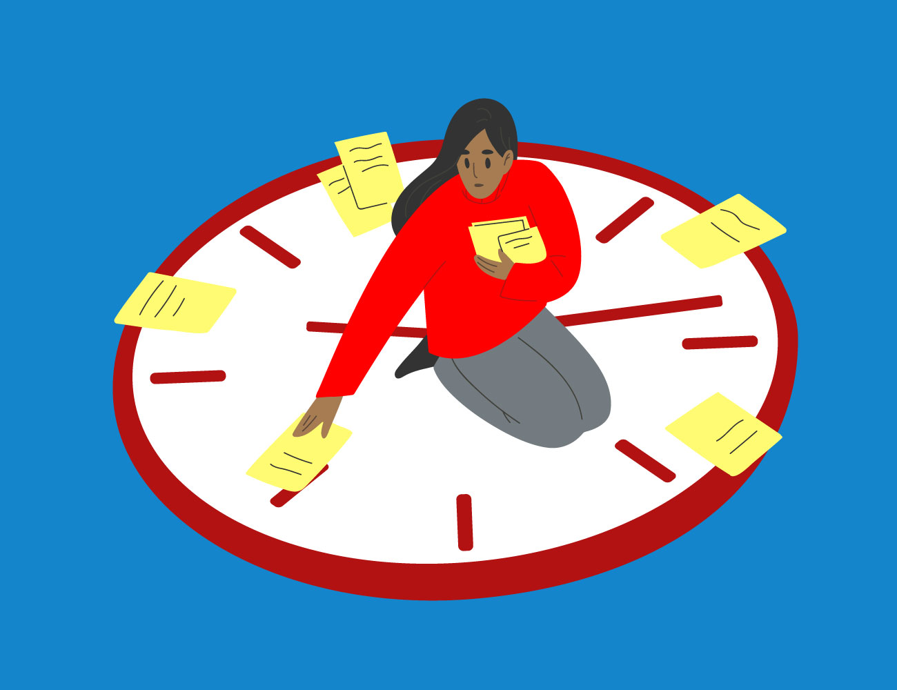 Illustration of a person kneeling on an oversized clock and laying out documents on different segments of the clock face.