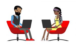 Illustration of two happy people sitting in chairs with laptops. One wears a collared shirt, vest, and tie; they have light-brown skin, short black hair and a black beard and mustache. The second person wears a yellow dress and grey blazer; they have medium-brown skin, and their black-and-mauve hair is in a long braid.