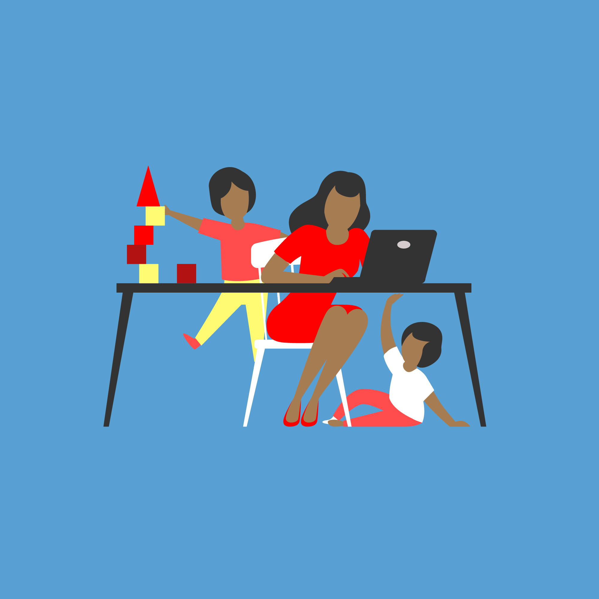 Illustration of a parent with long hair and a dress sitting at a table and leaning toward their laptop to work. One child plays under the table and another stands on the parent's chair to build a tower of blocks on the table.