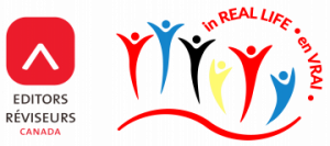 The Editors Canada logo appears beside the logo for the 2023 Editors Canada conference: six stylized stick people in red, blue, black, and yellow, along with the text "in REAL LIFE / en VRAI."