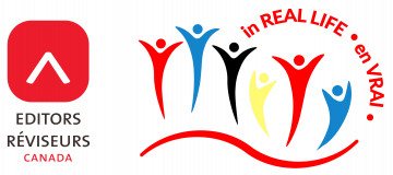 The Editors Canada logo appears beside the logo for the 2023 Editors Canada conference: six stylized stick people in red, blue, black, and yellow, along with the text "in REAL LIFE / en VRAI."