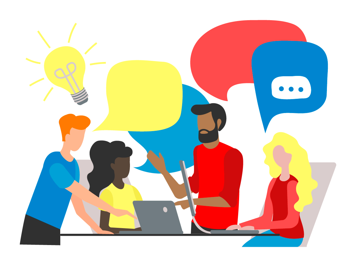 Illustration of four people chatting around two laptops with blank speech bubbles and a light bulb representing ideas in the air around them.
