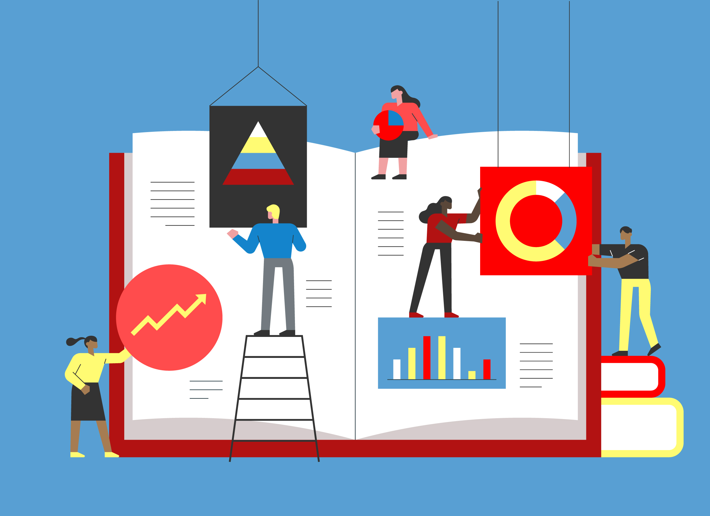 Illustration of five people adding charts and graphs to an enormous book. One person stands on the ground, one uses a ladder, one sits atop the book, one stands on a graph on the page, and one stands on a stack of other books so they can bring the graphs down like artwork on cables.