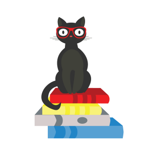 A black cat wearing a pair of red glasses sits on a stack of four colourful books.