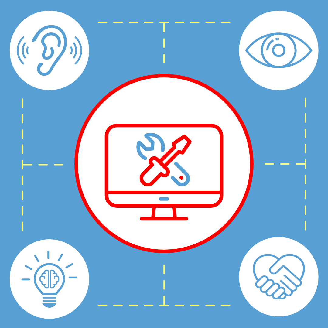 A computer icon showing a wrench and screwdriver on the screen is surrounded by icons representing accessibility and EDI: an ear, an eye, a lightbulb with a brain inside, and two hands forming a heart as they shake.