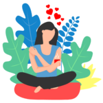 Person sitting with legs crossed holding a mug with large leaves in background