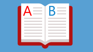 An open dictionary shows the letter A on the left page and the letter B on the right page.