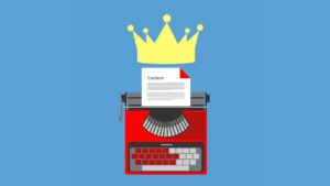 Below a yellow crown, a sheet of paper with the word "Content" is inserted in a red typewriter.