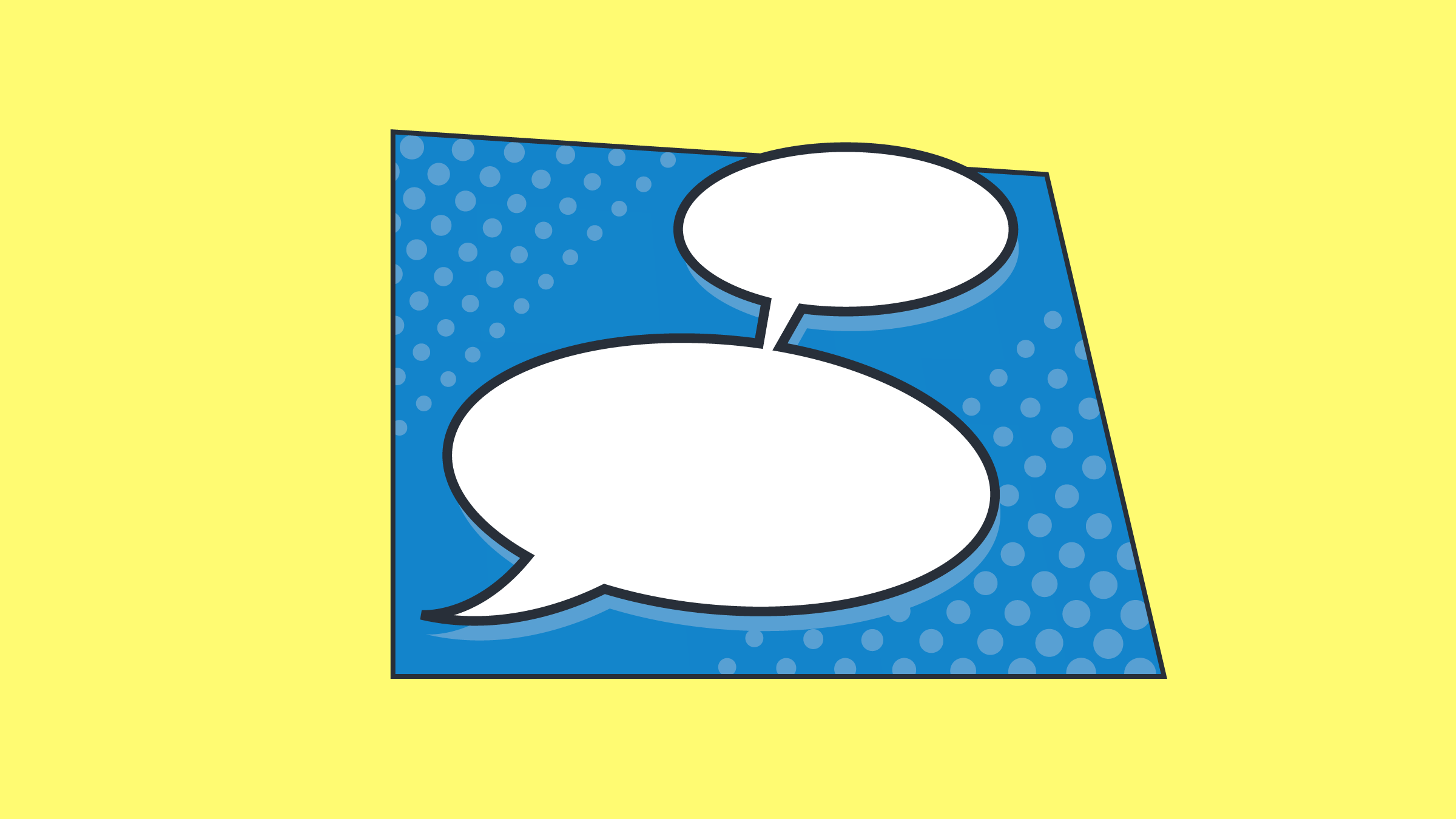A speech bubble against a blue frame in comic style is set on a yellow background.
