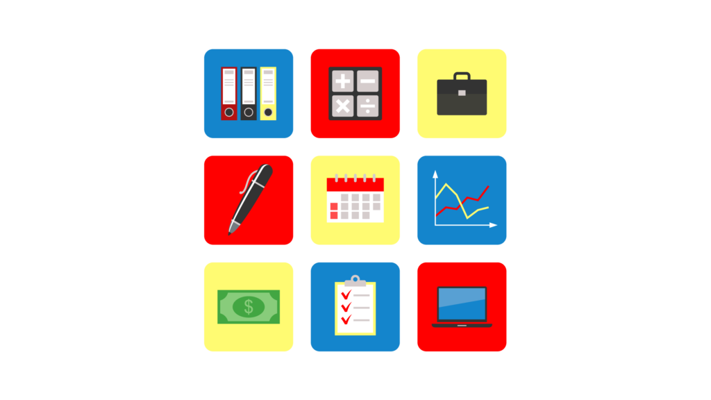 Icons are arranged in a 3x3 configuration. From left to right, the top row has a set of three magazine folders, math symbols and a briefcase; the middle row has a pen, a calendar and a graph; the bottom row has a bill, a checklist on a clipboard and a monitor with a keyboard.