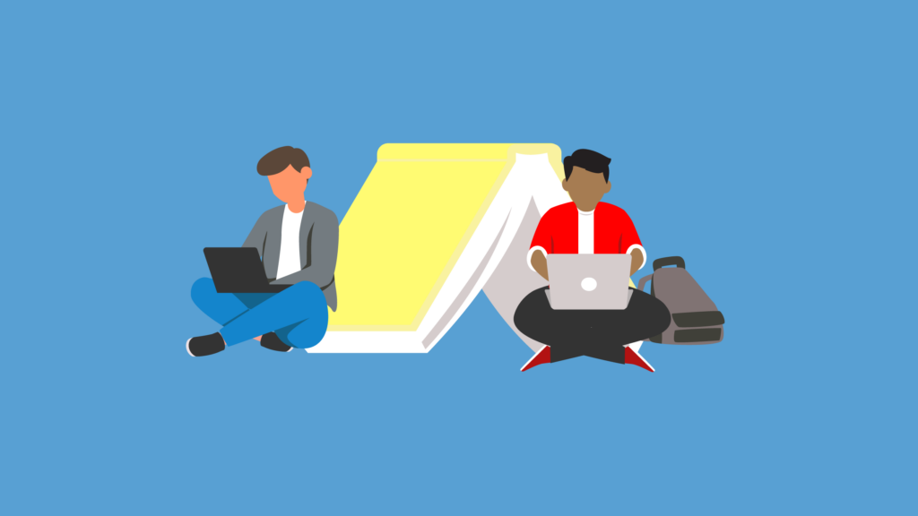 Two short-haired people type on laptops while sitting on either side of a giant book with its covers open like a tent.