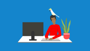 Illustration of a short-haired person smiling and typing on a computer, while a crested bird with a wide-eyed expression sits atop their head.