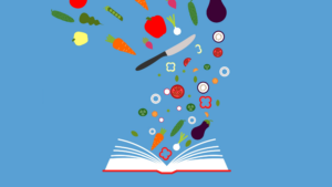 Illustration of an array of salad ingredients falling into the pages of an open book.