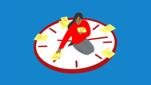 Illustration of a person kneeling on an oversized clock and laying out documents on different segments of the clock face.