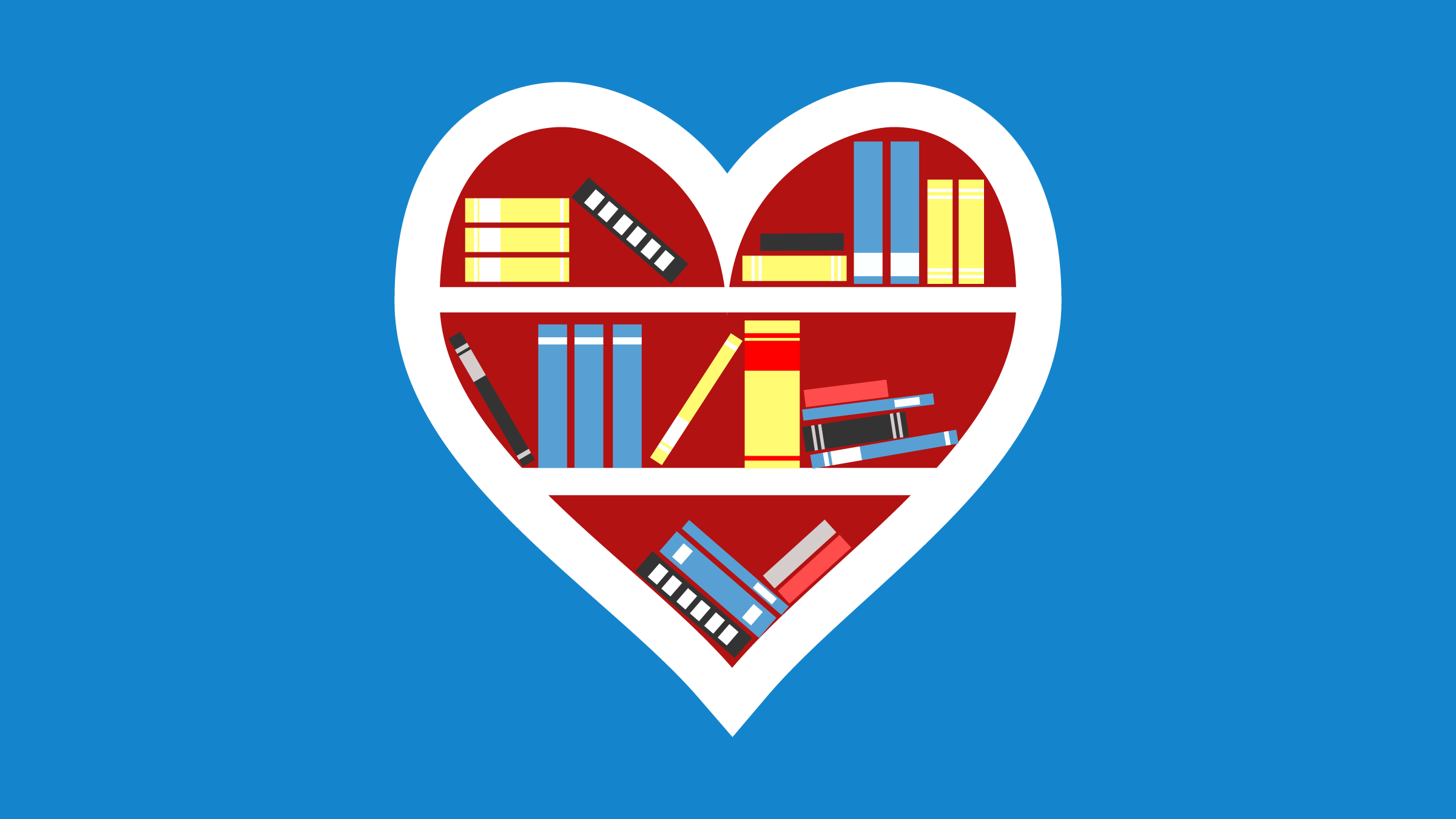 Illustration of multicoloured books on a heart-shaped bookshelf.