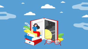 Illustration of a long-haired person sitting on a stack of oversized books, smiling as they look into an open book displaying an image of Saturn.