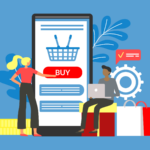 Illustration of a long-haired person pointing at a "buy" button on an online shopping ad on a larger-than-life cell phone. Beside them, a short-haired person sits on a large gift box, using a laptop.