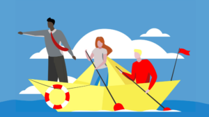 Illustration of three people standing in a paper boat with a life raft. One points ahead while the other two paddle.