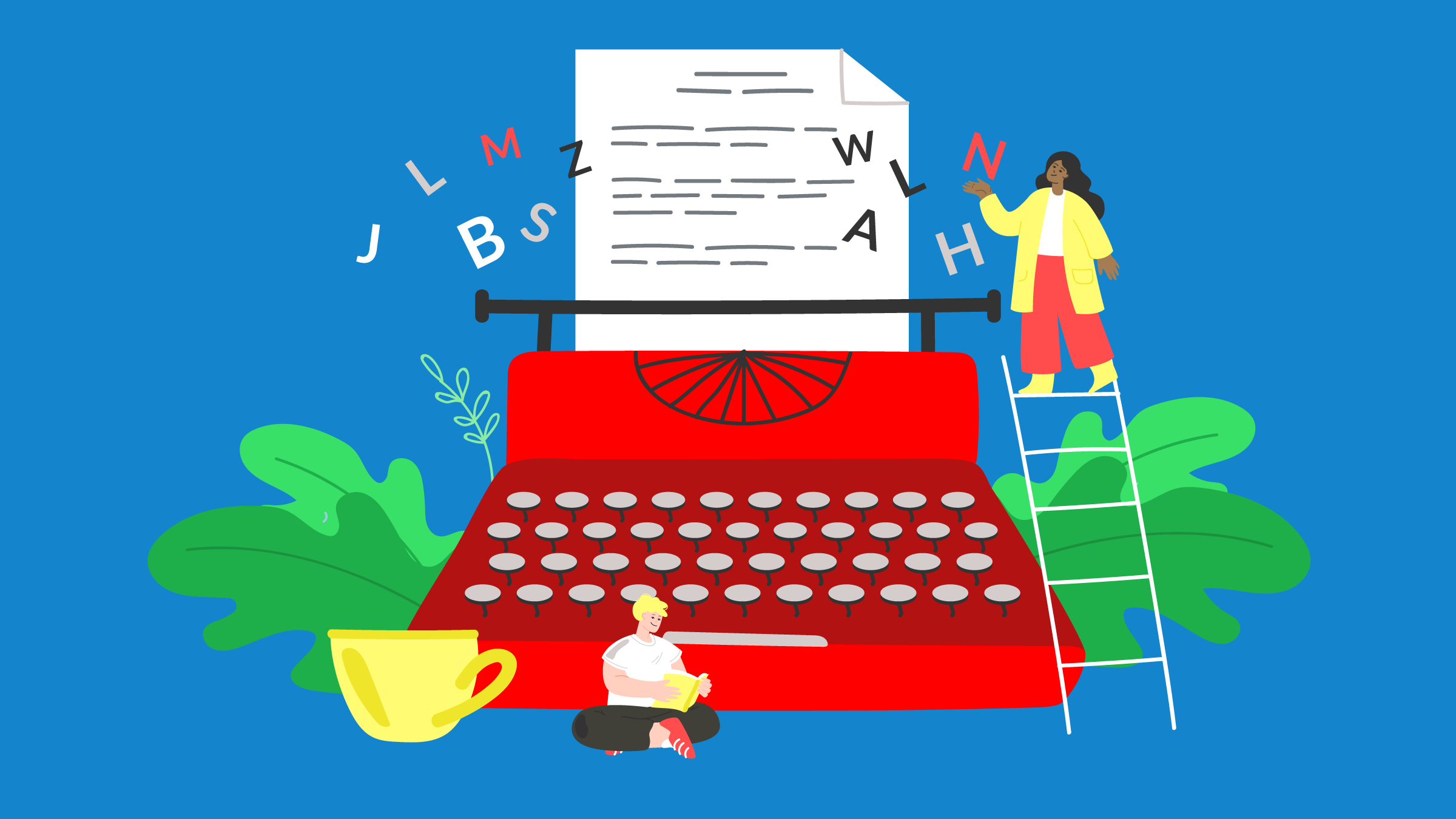 Illustration of two people with a giant typewriter. A short-haired person reads a book at the base of the typewriter while a long-haired person stands on a ladder to reach the paper, where random letters fly off the page.