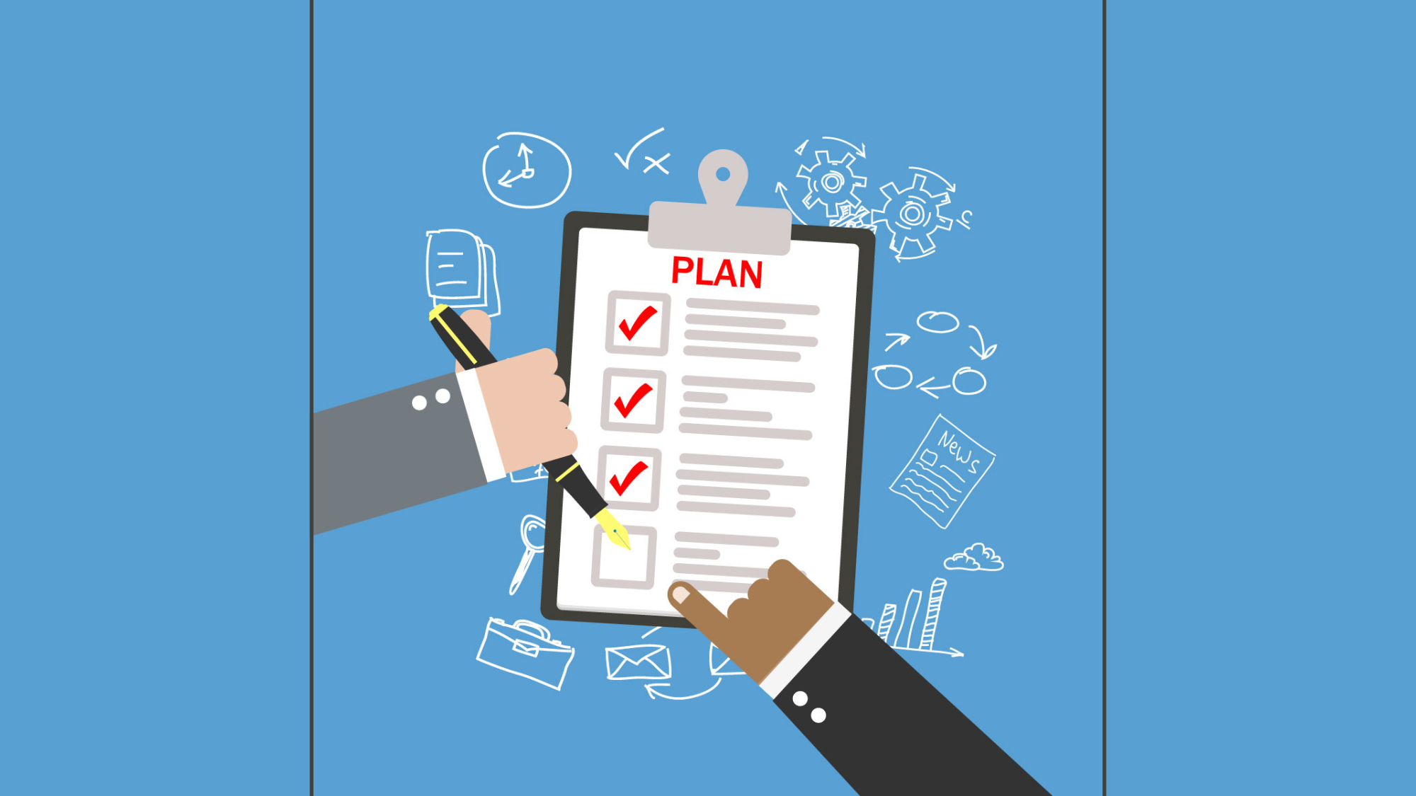 Illustration of two people's hands pointing at a clipboard with items checked off of a to-do list. Hand-drawn sketches of business symbols (papers, charts, emails, etc.) surround the clipboard.