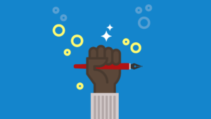 Illustration of a dark-brown-skinned hand extended upward in a fist while holding a red fountain pen.