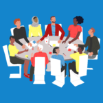 Nine people are sitting around an oval table having a meeting. Paper and pens are on the table. (Copyright: vectorspace © 123RF.com)