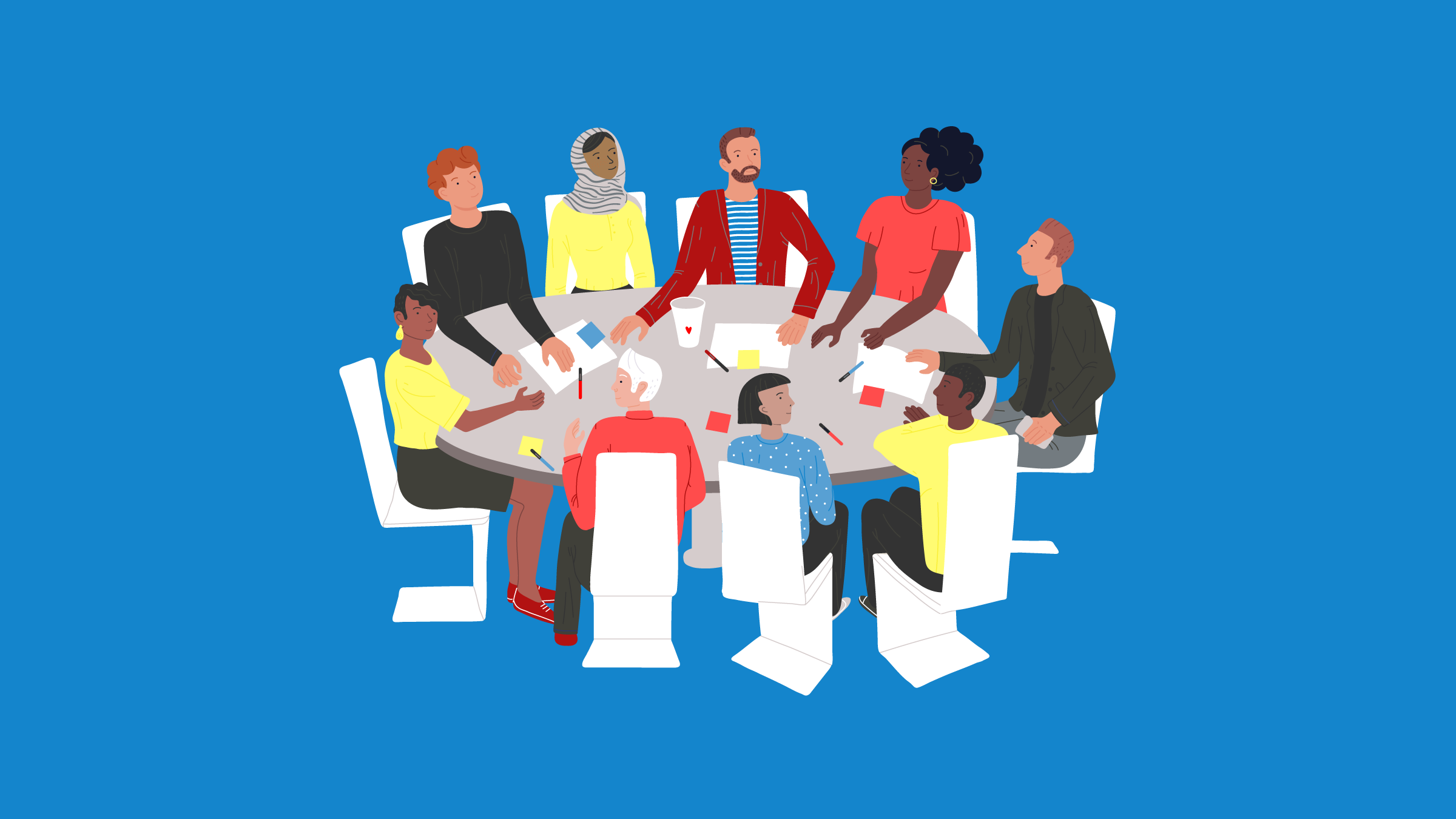 Nine people are sitting around an oval table having a meeting. Paper and pens are on the table. (Copyright: vectorspace © 123RF.com)