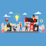 Illustration of people in front of a cityscape under a large light bulb. One person sits at a desk with a computer, another holds a magnifying glass, and another sits on a huge telescope.