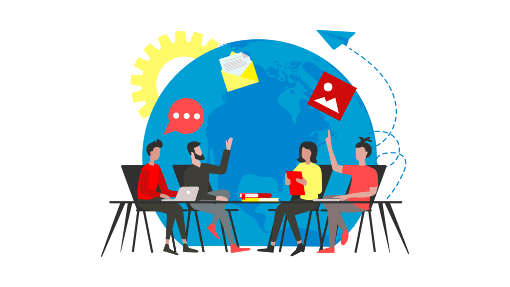 A group of people with light- and medium-brown skin and black hair conversing around a table with papers and a laptop, against a backdrop of a globe, a gear and a paper airplane.