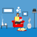 Person sitting cross-legged in an armchair working on a laptop, while a dog sleeps on a mat in front of the chair. (Copyright: emarandjelovic © 123RF.com)