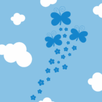 Butterflies and flowers on a background of blue sky and white clouds.
