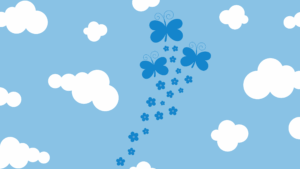 Butterflies and flowers on a background of blue sky and white clouds.