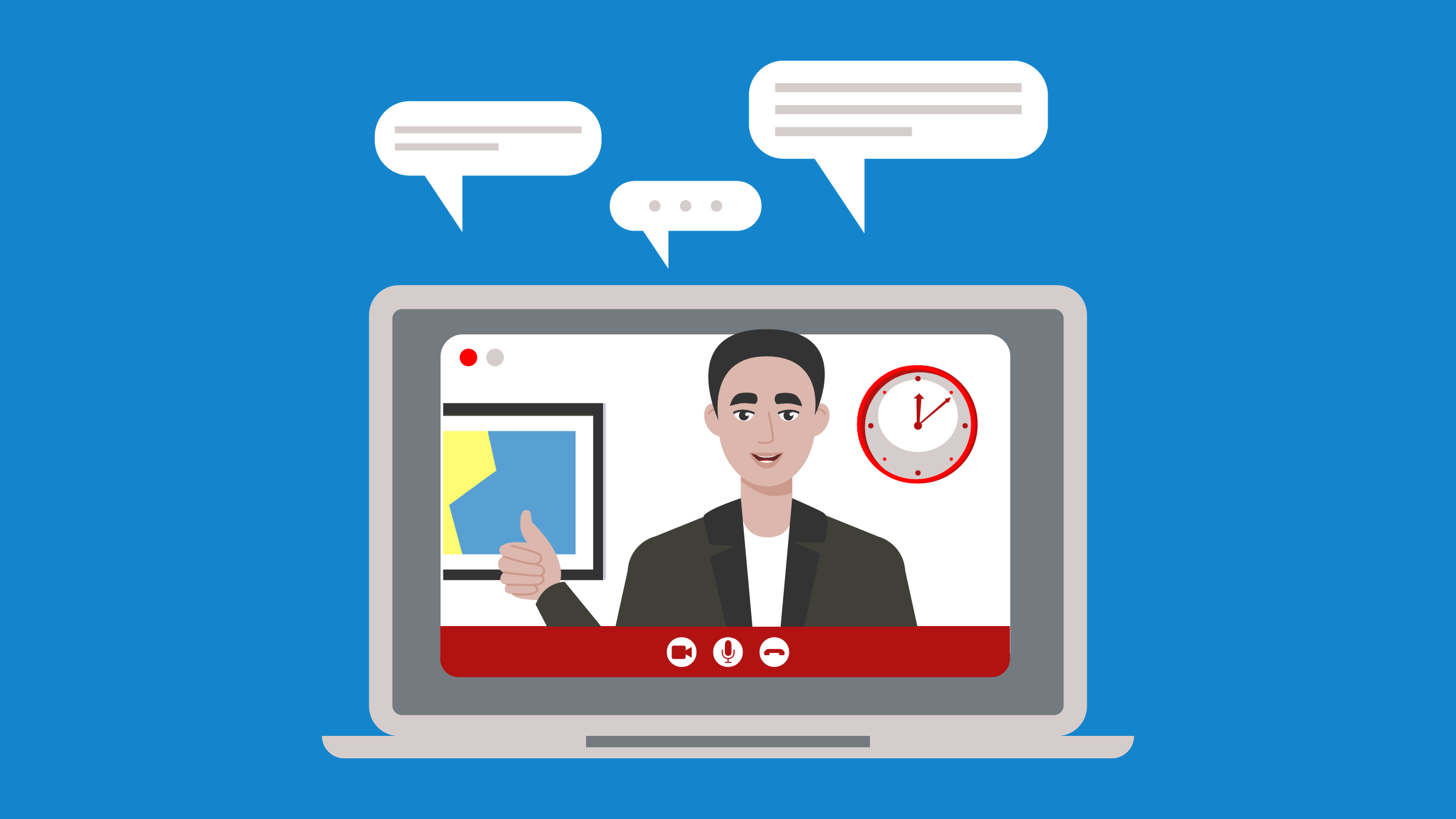 Person on a computer screen on a video call with speech bubbles in the background. (Copyright: mashmuh © 123RF.com)