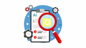Document on clipboard with AI written at top and magnifying glass focusing on a gear on the document with other gears in the background. (Copyright: zrzahid © 123RF.com)