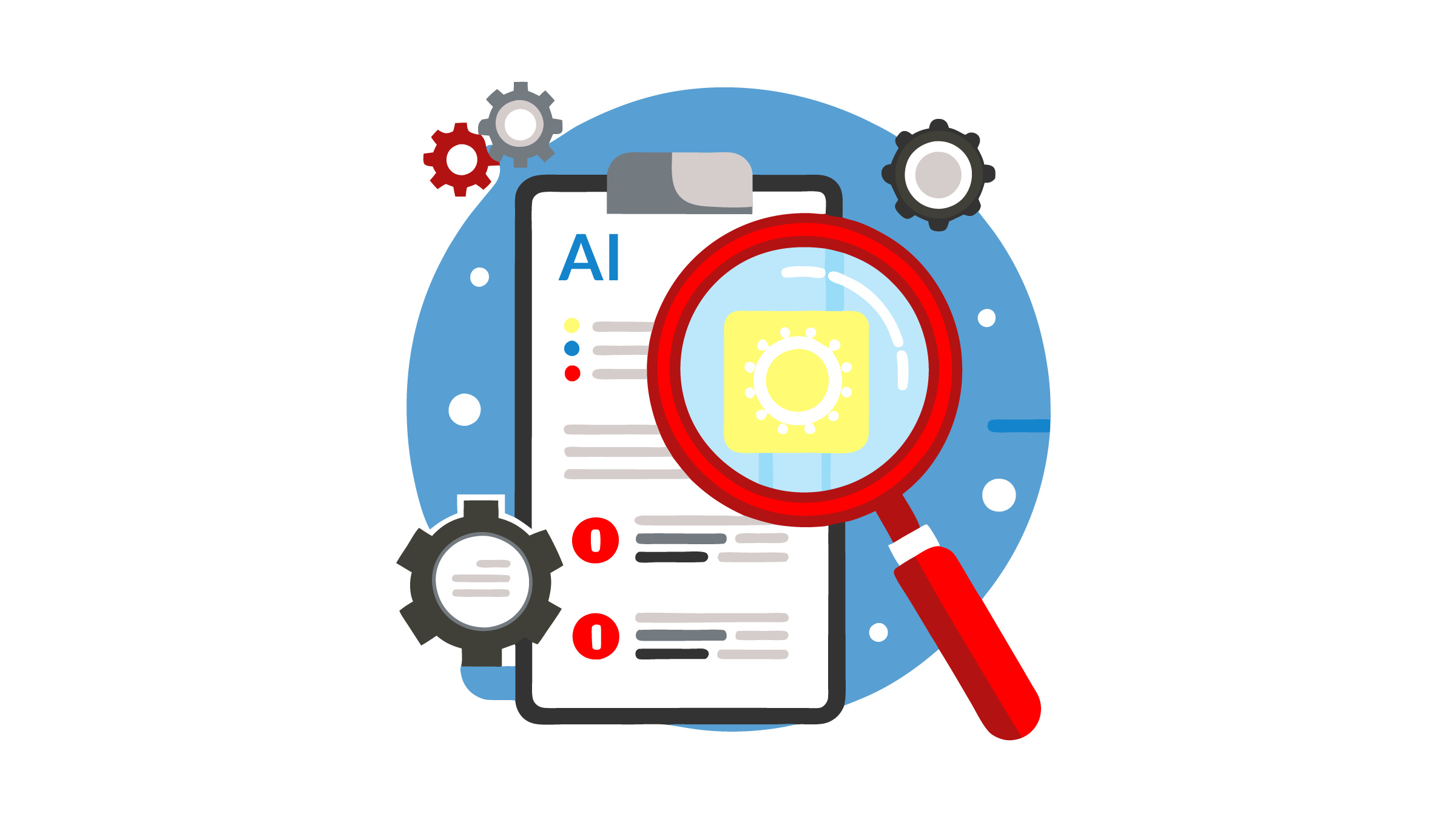 Document on clipboard with AI written at top and magnifying glass focusing on a gear on the document with other gears in the background. (Copyright: zrzahid © 123RF.com)