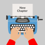 Illustration of two hands typing on a typewriter. The paper in the typewriter says “New Chapter.”
