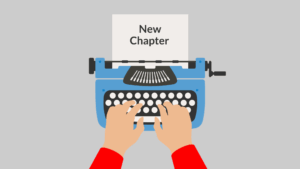 Illustration of two hands typing on a typewriter. The paper in the typewriter says “New Chapter.”
