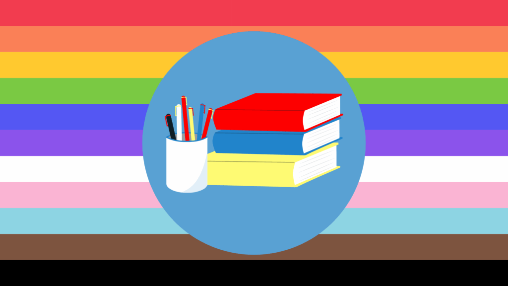 Illustration of books and a cup of pens in a blue circle against a background of stripes in the colours of the Progress Pride flag.