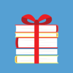 A red bow is wrapped around a stack of books.