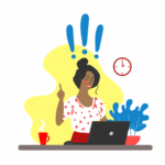 Person at a computer holding up their index finger with exclamation marks over their head, showing a new idea.