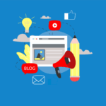 Blog post on computer and symbols of digital communication; an email icon, a "like" icon, a lightbulb, and video play button.