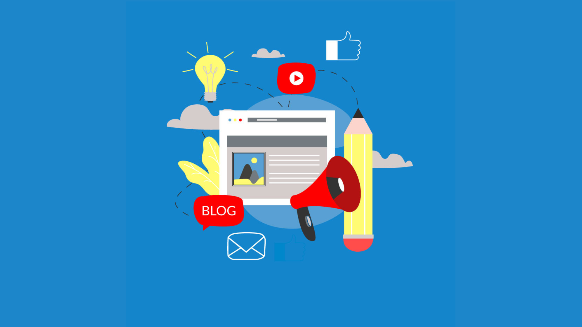 Blog post on computer and symbols of digital communication; an email icon, a "like" icon, a lightbulb, and video play button.