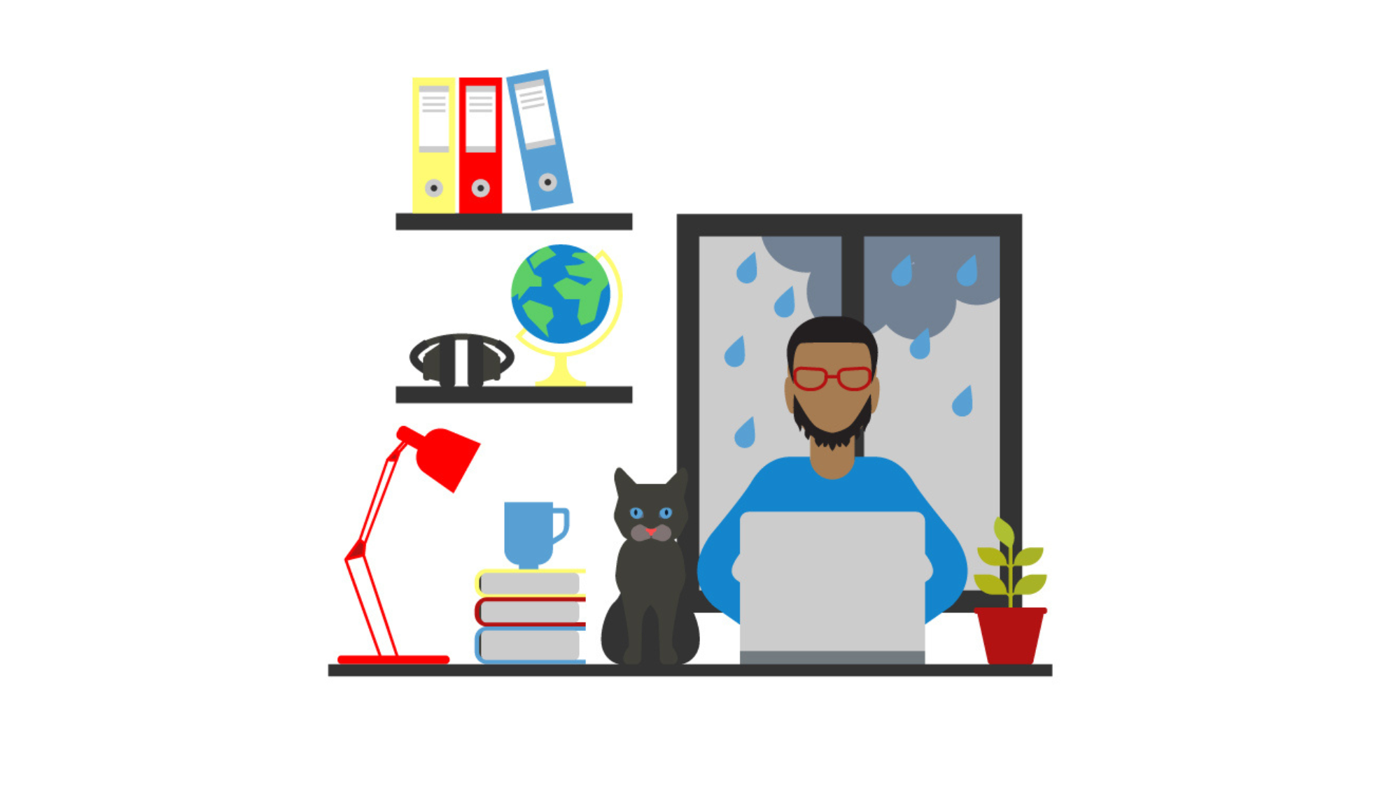 A man sitting at a desk working on a laptop with a cat, a pile of books, and a coffee cup next to him.