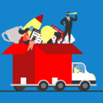 Truck with large open moving box on the back. Two people are perched on the edge of the box which is filled with belongings.
