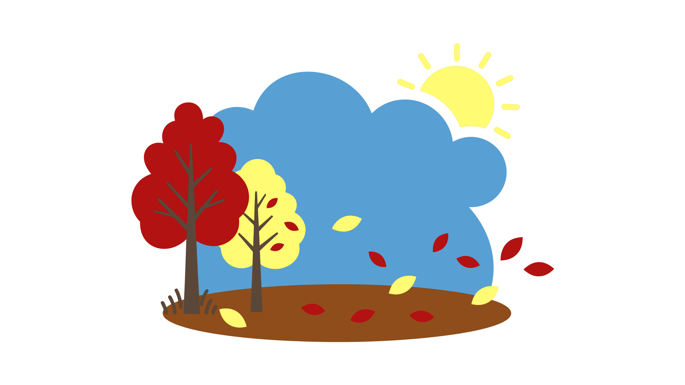 Two trees (one reddish, one yellow) with leaves falling off them, signifying autumn. The sun is shining in the background.