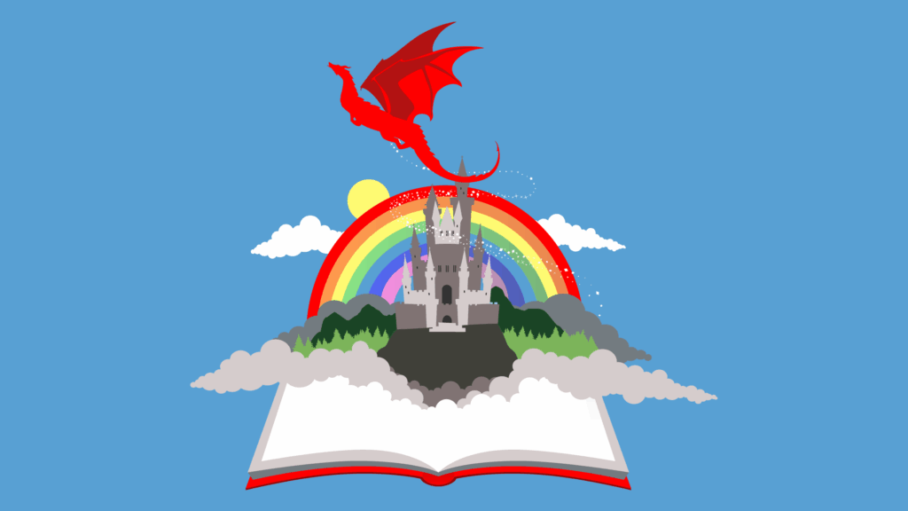 Open book with a castle with a rainbow behind it and a dragon flying over it, coming up from its pages. (Copyright: cienpies © 123RF.com)