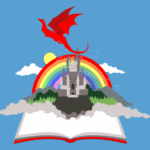 Open book with a castle with a rainbow behind it and a dragon flying over it, coming up from its pages. (Copyright: cienpies © 123RF.com)