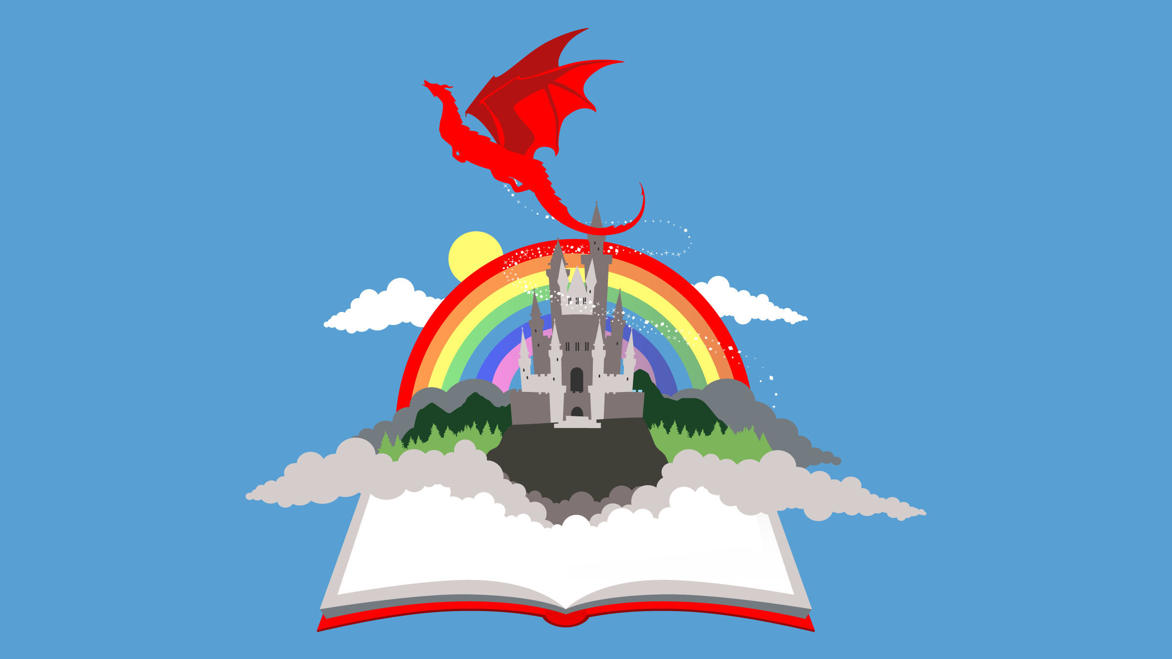 Open book with a castle with a rainbow behind it and a dragon flying over it, coming up from its pages. (Copyright: cienpies © 123RF.com)