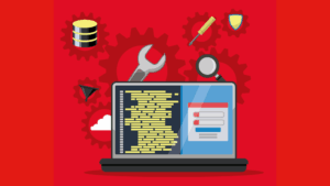 A laptop with gears and tools floating in the background. (Copyright: djvstock ©123RF.com)