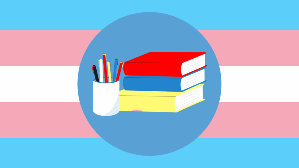 Illustration of books and cup of pens in blue circle against background of stripes in colours of the transgender flag.